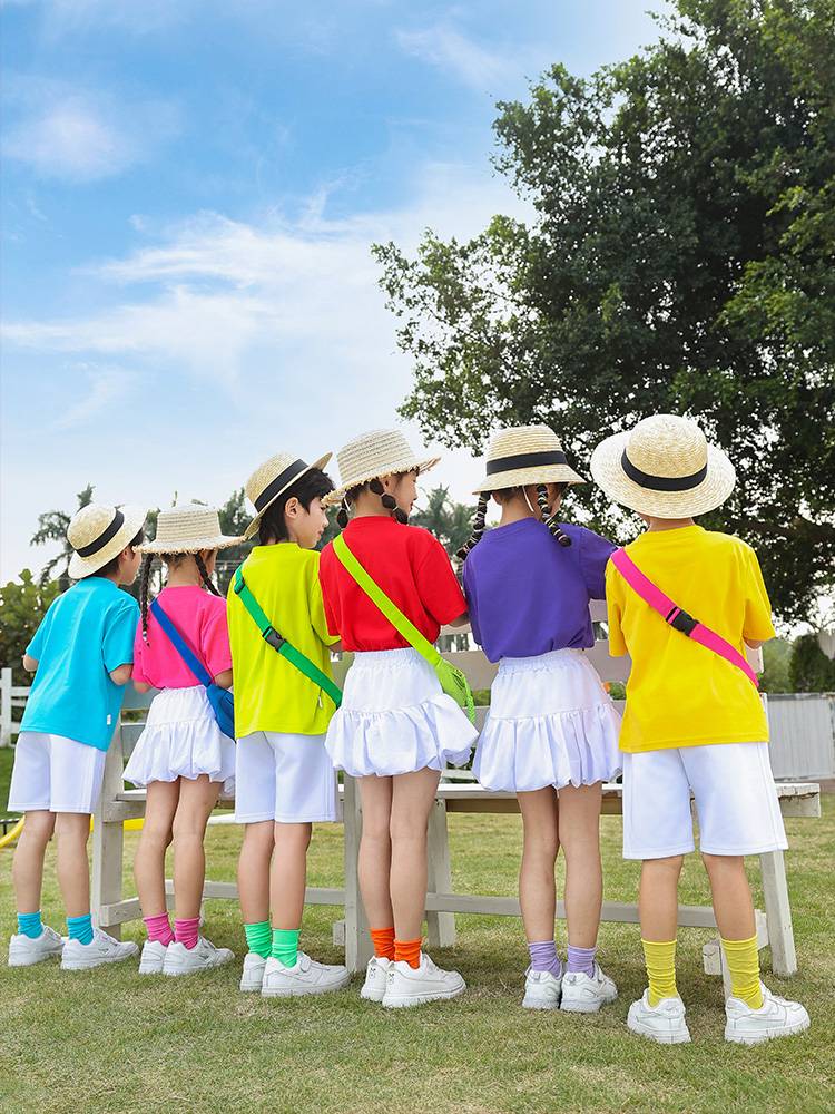 Kindergarten clothing short -sleeved T -shirt candy color Liuyi performance service elementary school students' class clothes cheerleader graduation photo clothing
