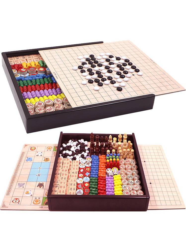 Checked and flying chess and chess fighting beasts, children students, kindergarten, wood -made puzzle toy multifunctional chessboard
