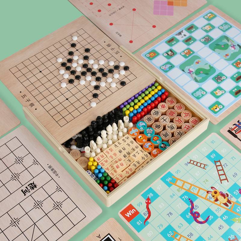 Large checked flying chess, five -son chess multi -function game chess wooden children toy desktop game elementary school students