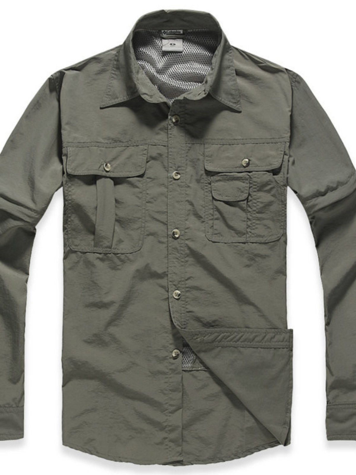 An outdoor man drys his long-sleeved shirt for the summer. Fish dryers