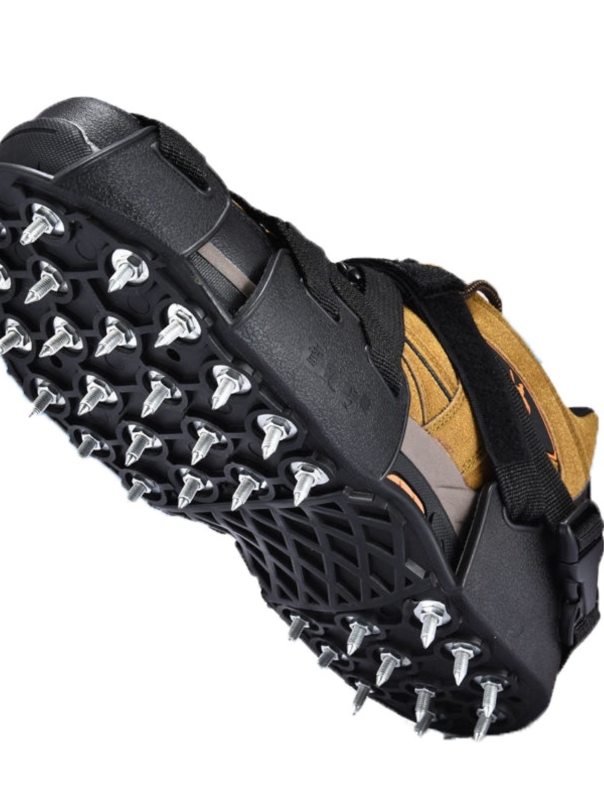 On the outside, skating and skating shoes are nailed to the bottom of a snow-shoe and ice-shoe-shoe-shoe-shoe-scratching