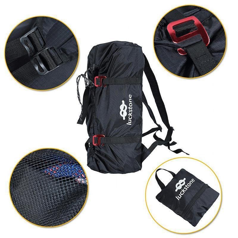 Rock-climbing safety ropes, both shoulder-to-shoulder, cliff-climbing