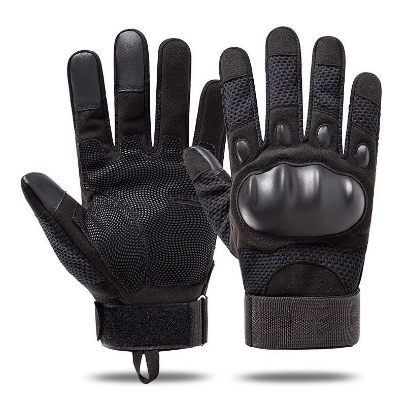 The man's tact gloves are slid and shaving-proof