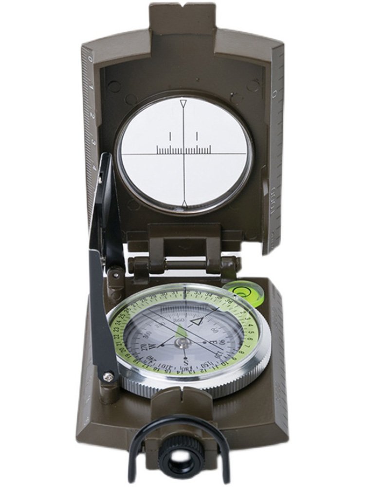 The Chinese-American multifunctional compass points to the north, the outdoor geographer, the slope fluorescent. Photoboard