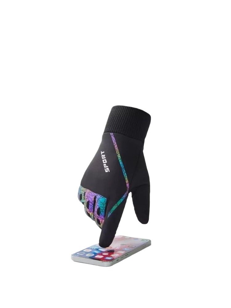 The man with the warm sports gloves on the screen and the wind and the cold