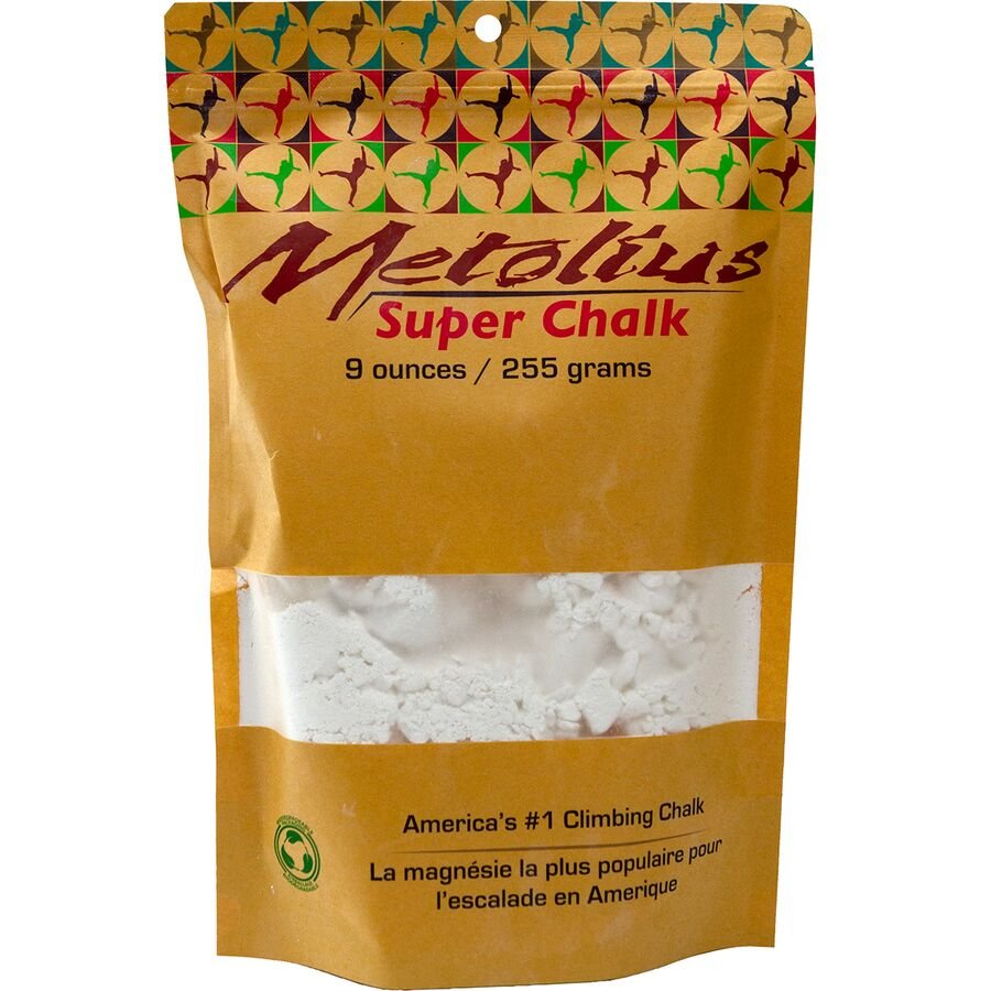 Metolius climbs with magnesium powder sweating Super Chalk to keep it dry