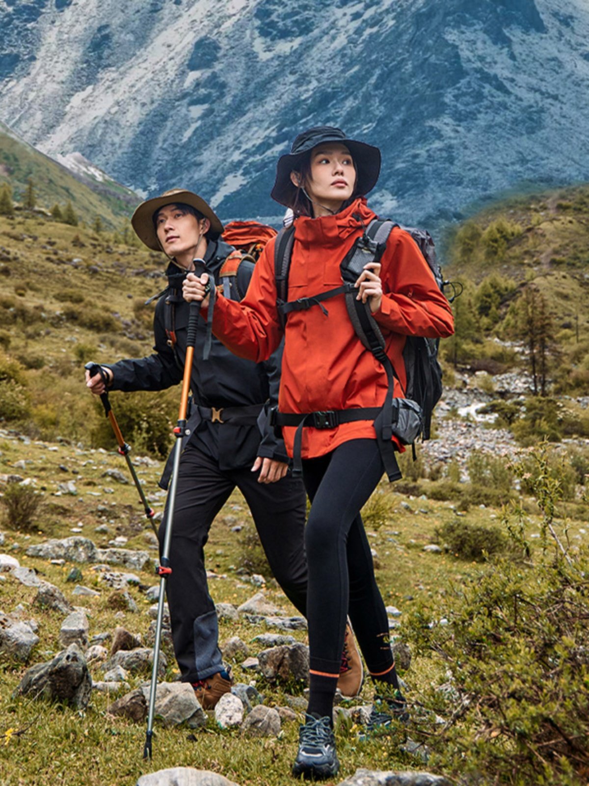 A road-trucker, a man and a woman camping on the outside, and a couple climbing up the mountain in a warm, windproof and waterproof suit