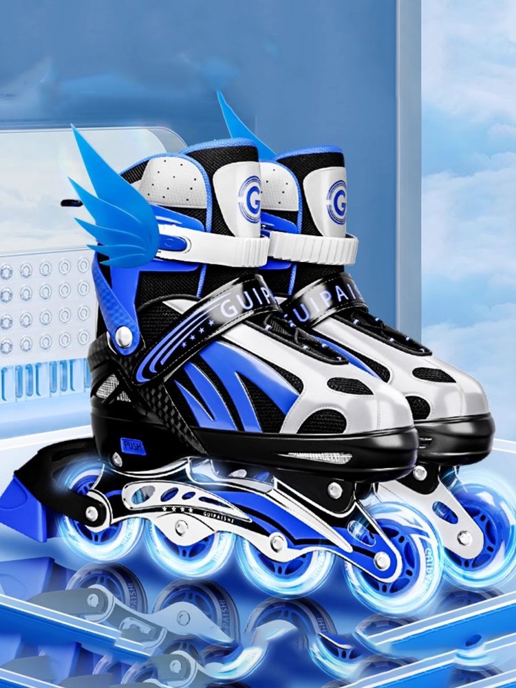 A young girl who's got a roller skater with a full pair of boys' skates