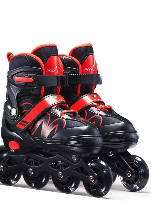 Children and young adults with skates full of roller skates, boys and girls specialized in skates beginners