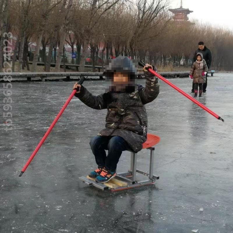 Children skating ice skating outdoors @car couple crawling on ice ploughing toy for the traditional winter skating game