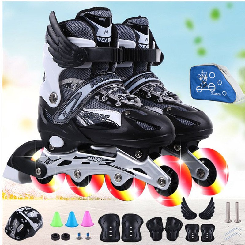 Four wheeled skates for an adult with a single roller skater