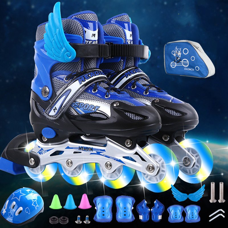 Four wheeled skates for an adult with a single roller skater