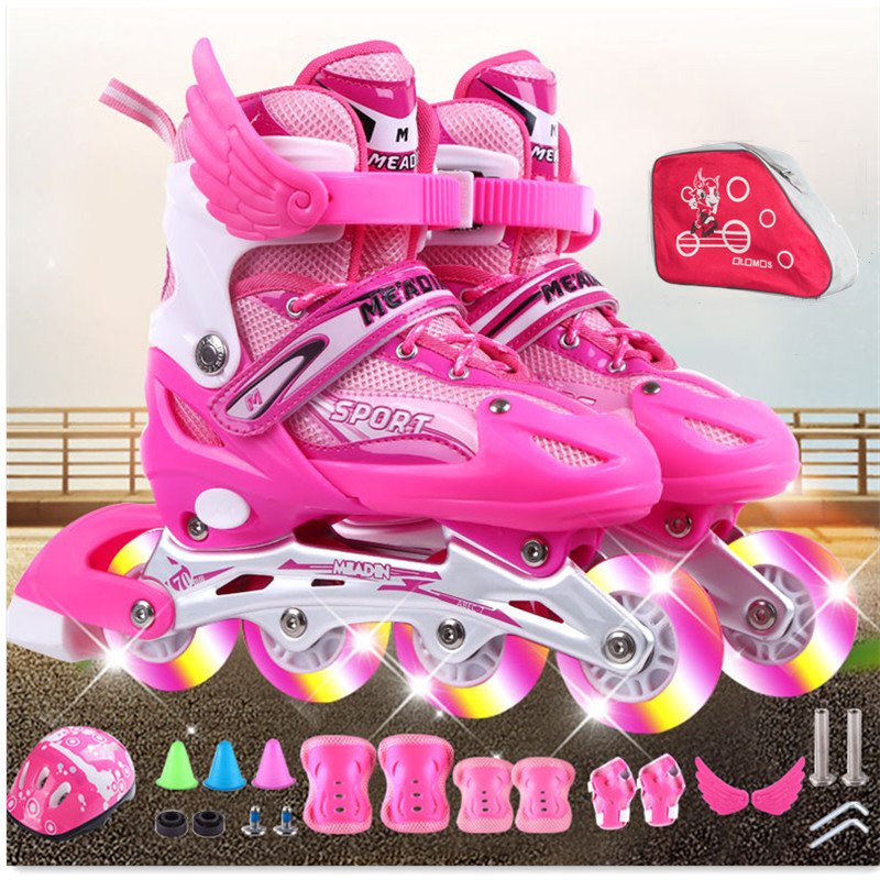 Four wheeled skates for an adult with a single roller skater