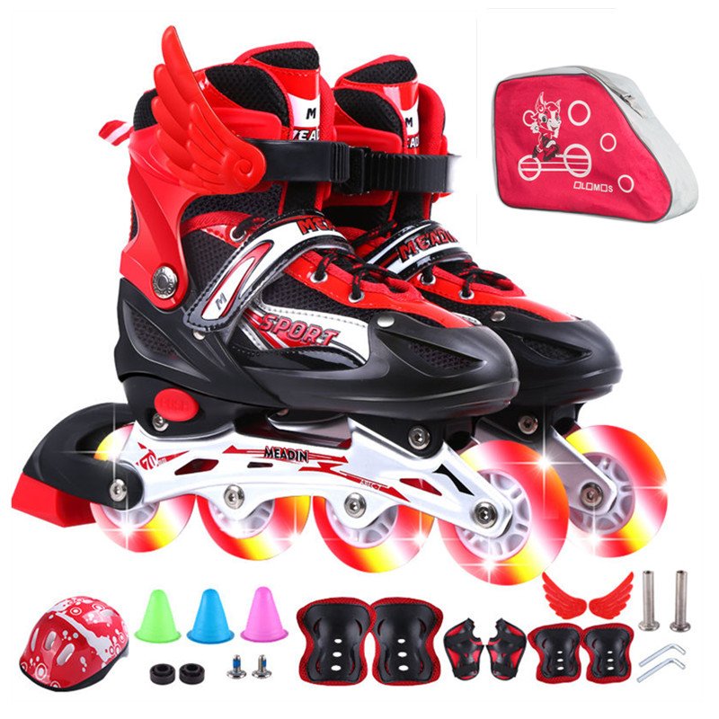 Four wheeled skates for an adult with a single roller skater