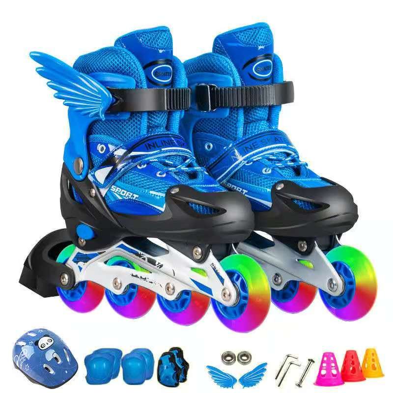 Blue skates children with pink skating young people can adjust the flashlight