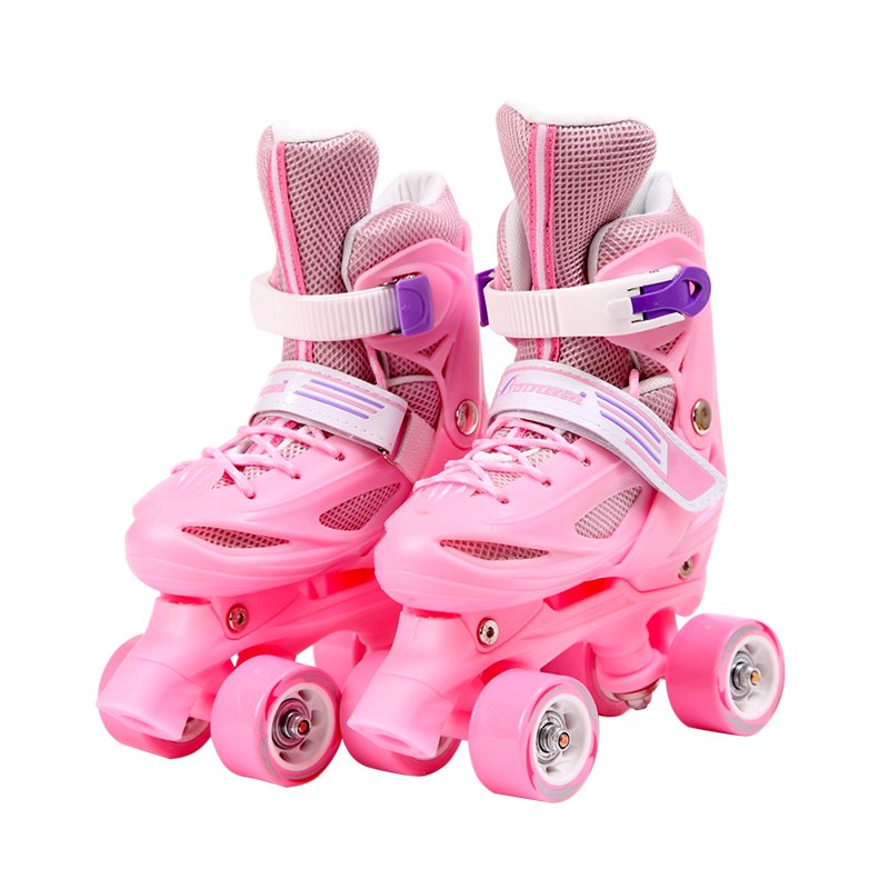 Small skating shoes full of 3-5-6-8-10-year-olds with two rows of dry skates and straight rows for starters