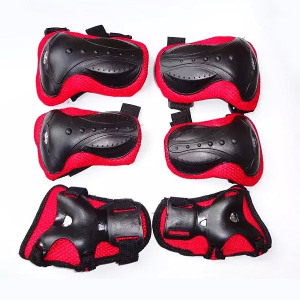 6 sets of adult roller gear, and a man and a woman skater's bike for elbows
