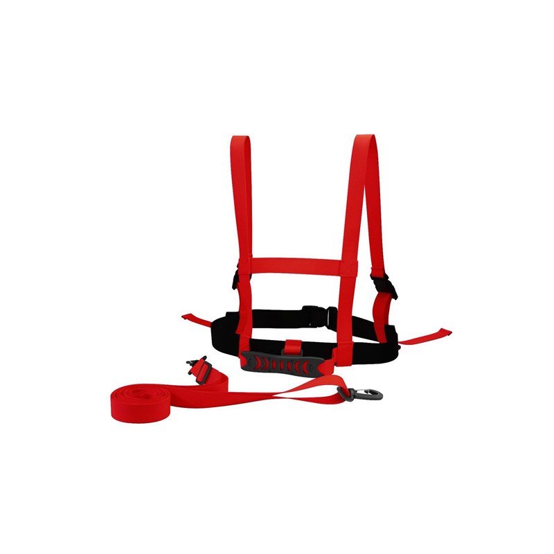 Children skiing ropes with a teaching aid to a child with a safety-protected rope