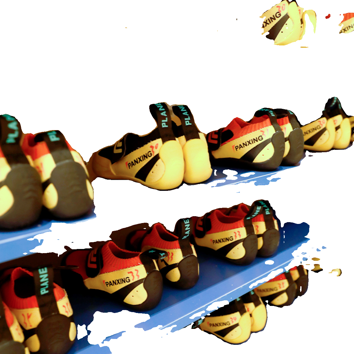 Children's skills in rock-climbing shoes are such that they're stuck in the air