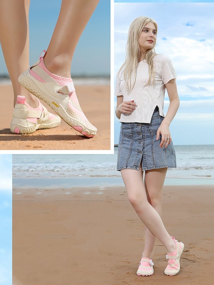 New men and women swimming on the beach with a tumble-tip-tip-hicking plati shoes
