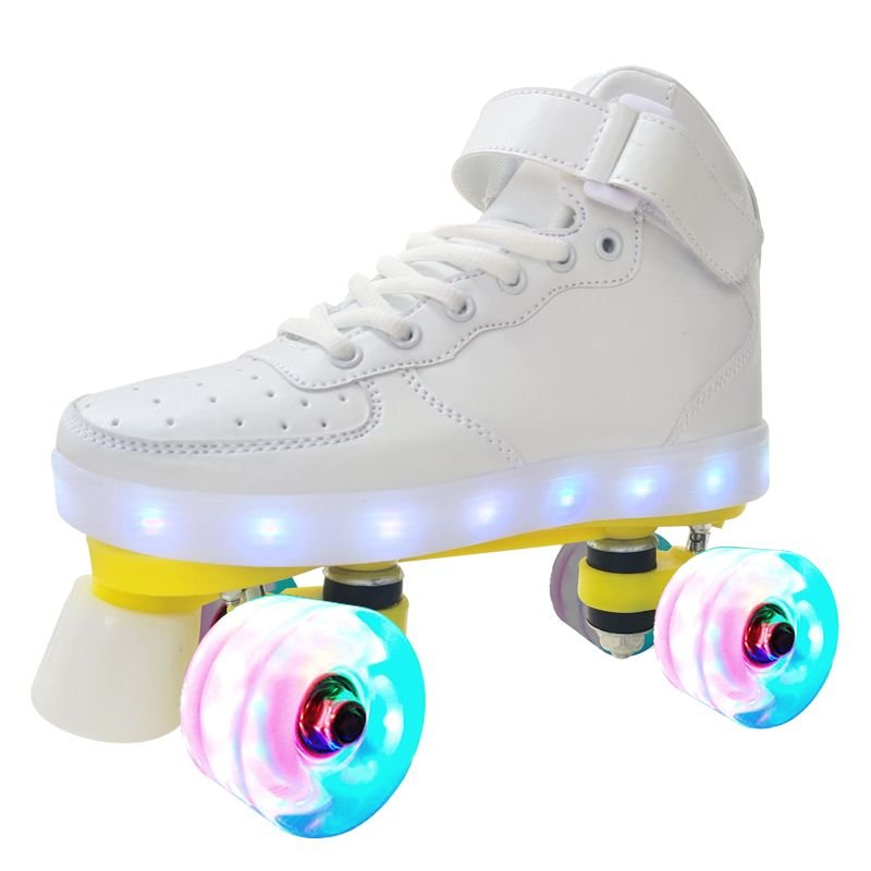 An adult pair of skates, an adult male and a female four-wheeler skater, a child with a red skater