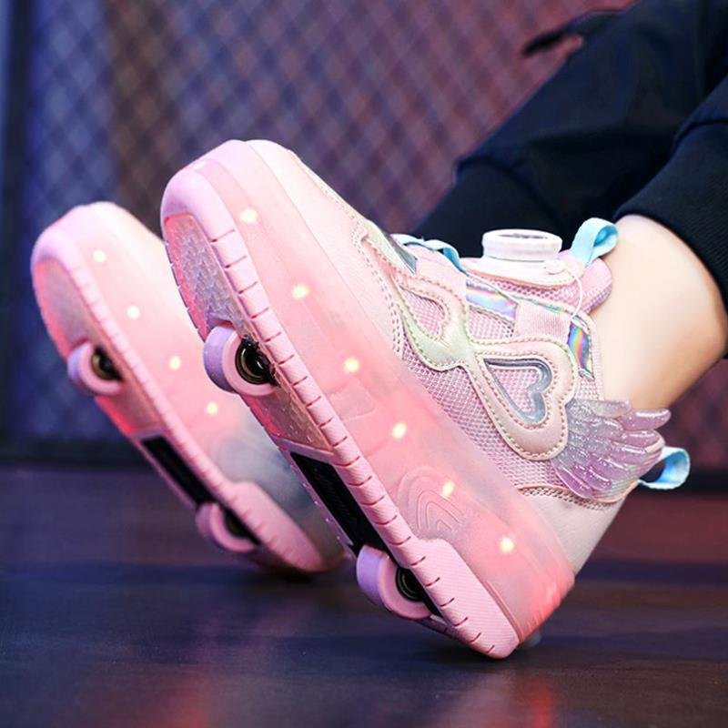 A girl with dry skates can automatically pick up a child's wheel slipper