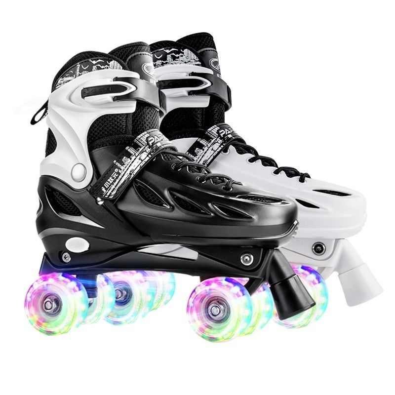A four-wheeler skating boy, a man and a woman