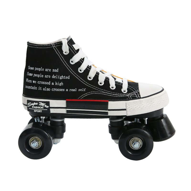 An adult child with four-wheeler flashes of dry skates and two skis