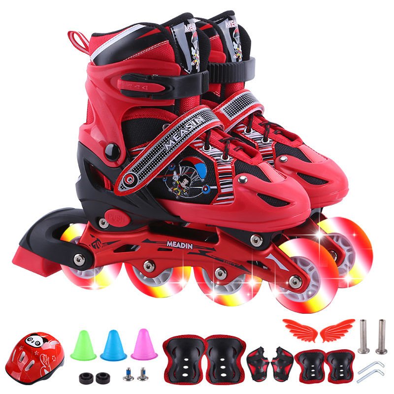 A skating child with a full set of skating skating skates and a straight line of dry-skating