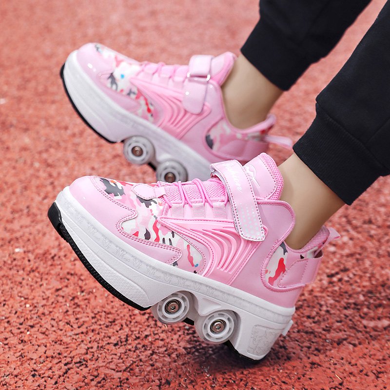 Invisible skater shoes for children and four wheeled shoes for boys and girls with black-skid shoes