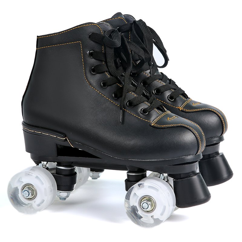 The factory sells two pairs of black-and-white skates, and the adult children of the skating roller skate field