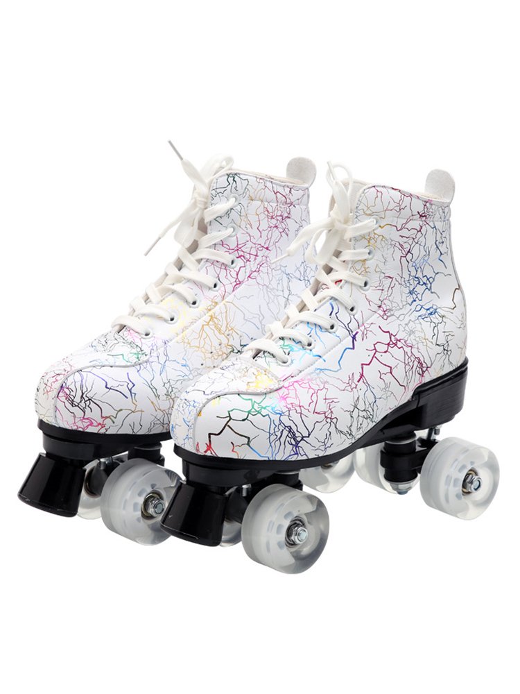 Four-wheel skates for an adult with skates and two-wheel skates for a male and female skater