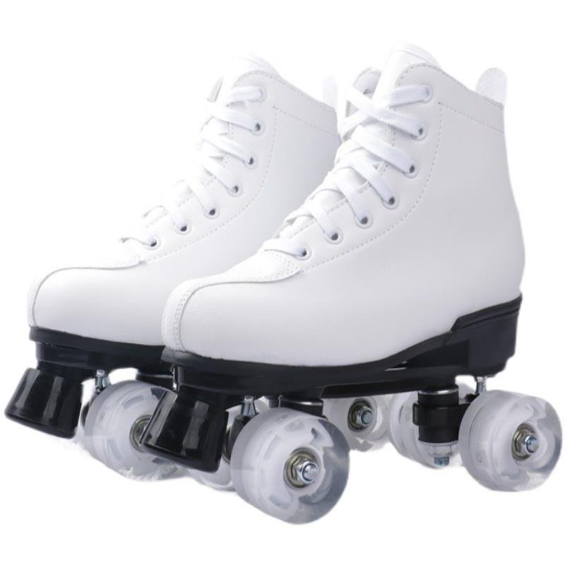 White-skinned adult pair of skater children, four-wheeled adult male and female, dry-shoe pair of roller skates