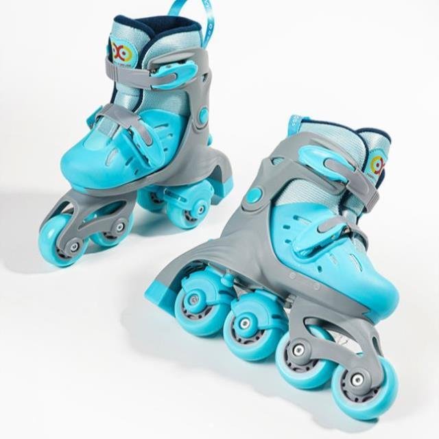 A four-wheeled roller skater skater shoe and a roller skater