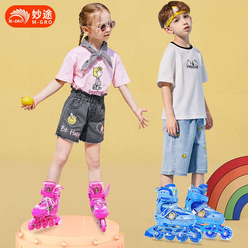 Triangular skater children's beginners with both boys and girls in a roller skate line