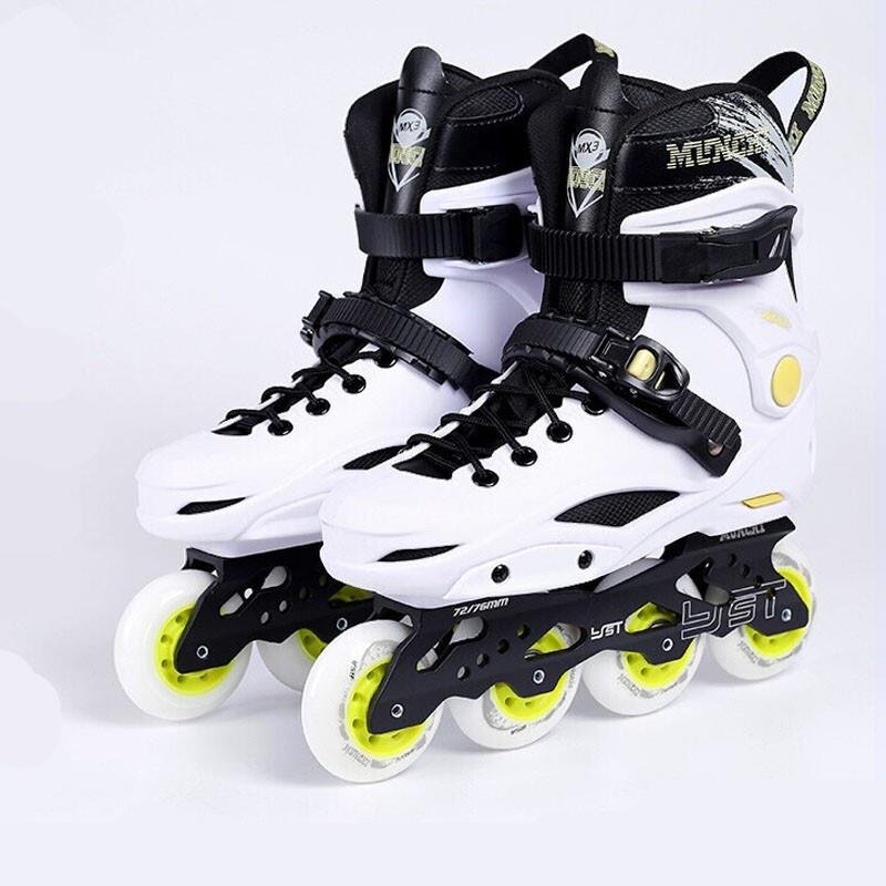 A girl with flat-shoe skates, a college girl with skates, a man with dry skates