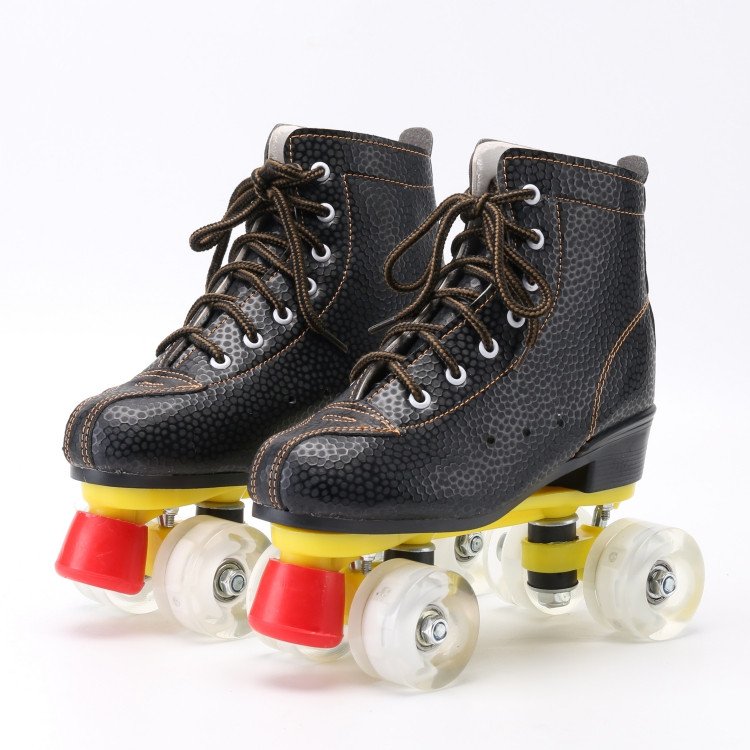 New adult double skater children, adult male and female, roller skates