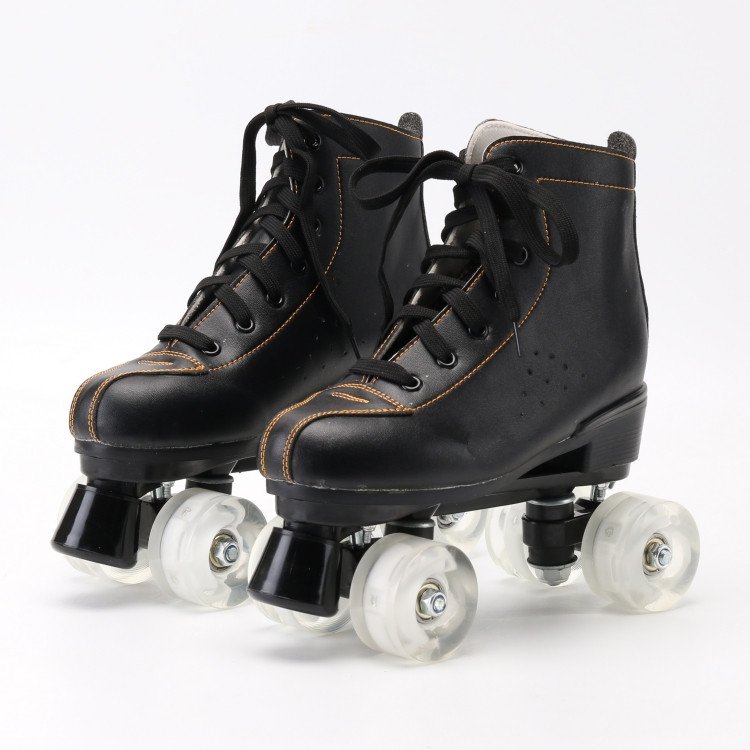 New adult double skater children, adult male and female, roller skates