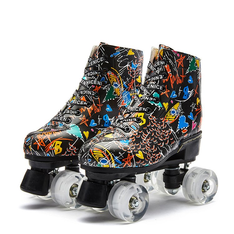 New adult double skater children, adult male and female, roller skates