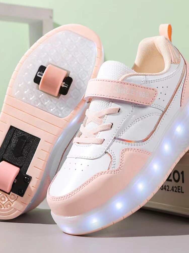 A new 2024 Red Two Wheeled Ice skater for a girl with a child to walk away with