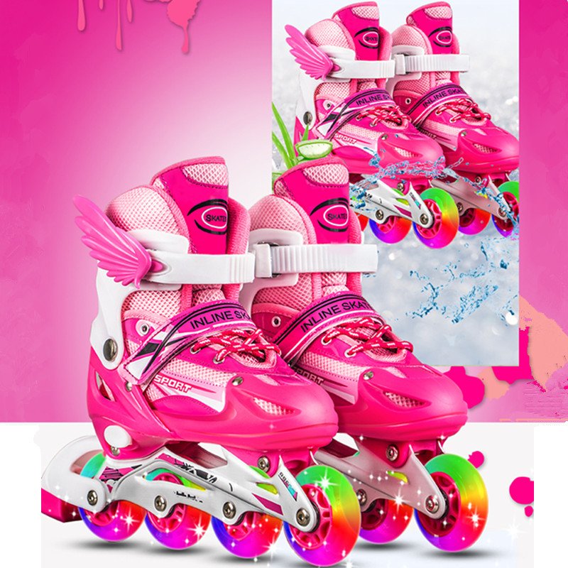Children's skaters, boys and girls, blue roller skates, pink skating skates, full-size flash suit