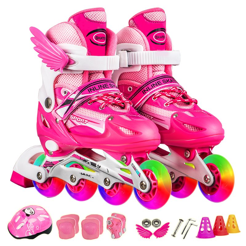 Children's skaters, boys and girls, blue roller skates, pink skating skates, full-size flash suit