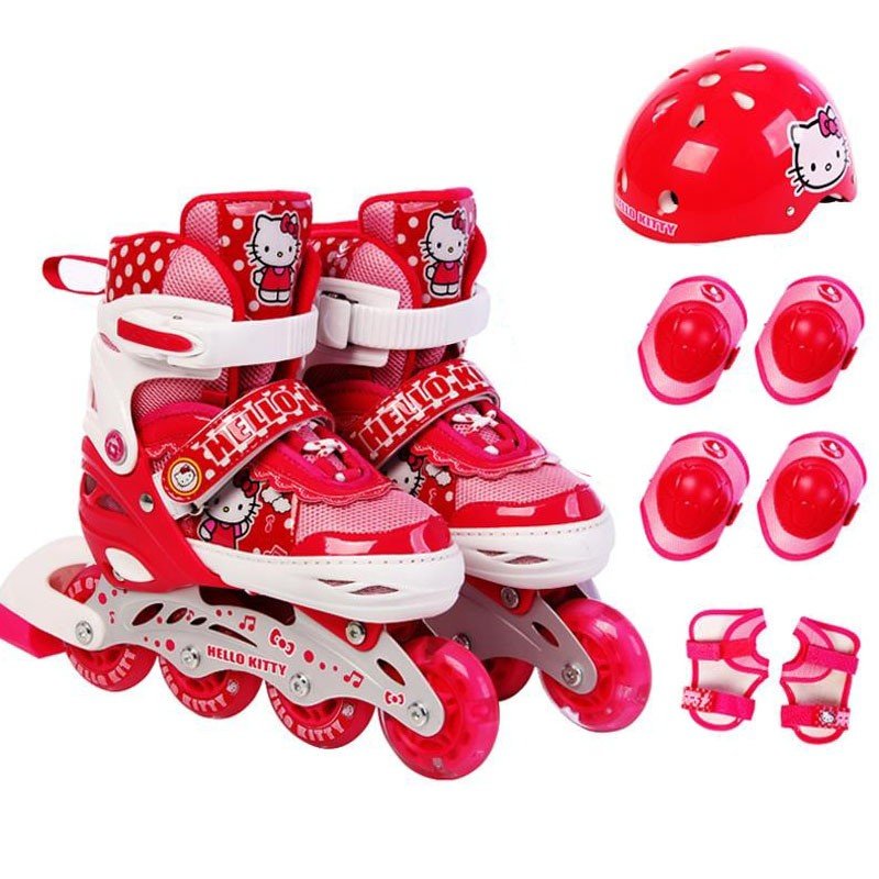 Disney skater children with skating roller skates and big boy and boy beginners