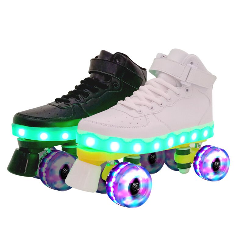 Adults with two roller skates, adult male and female, four-wheeler skates, children with two roller skates