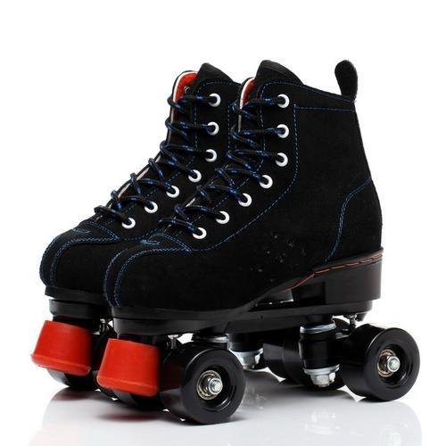 adults with double-wheel skates, male and female, and oxen-skin pup, all glitter-like, roller skates