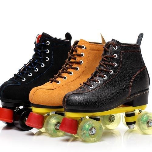 adults with double-wheel skates, male and female, and oxen-skin pup, all glitter-like, roller skates