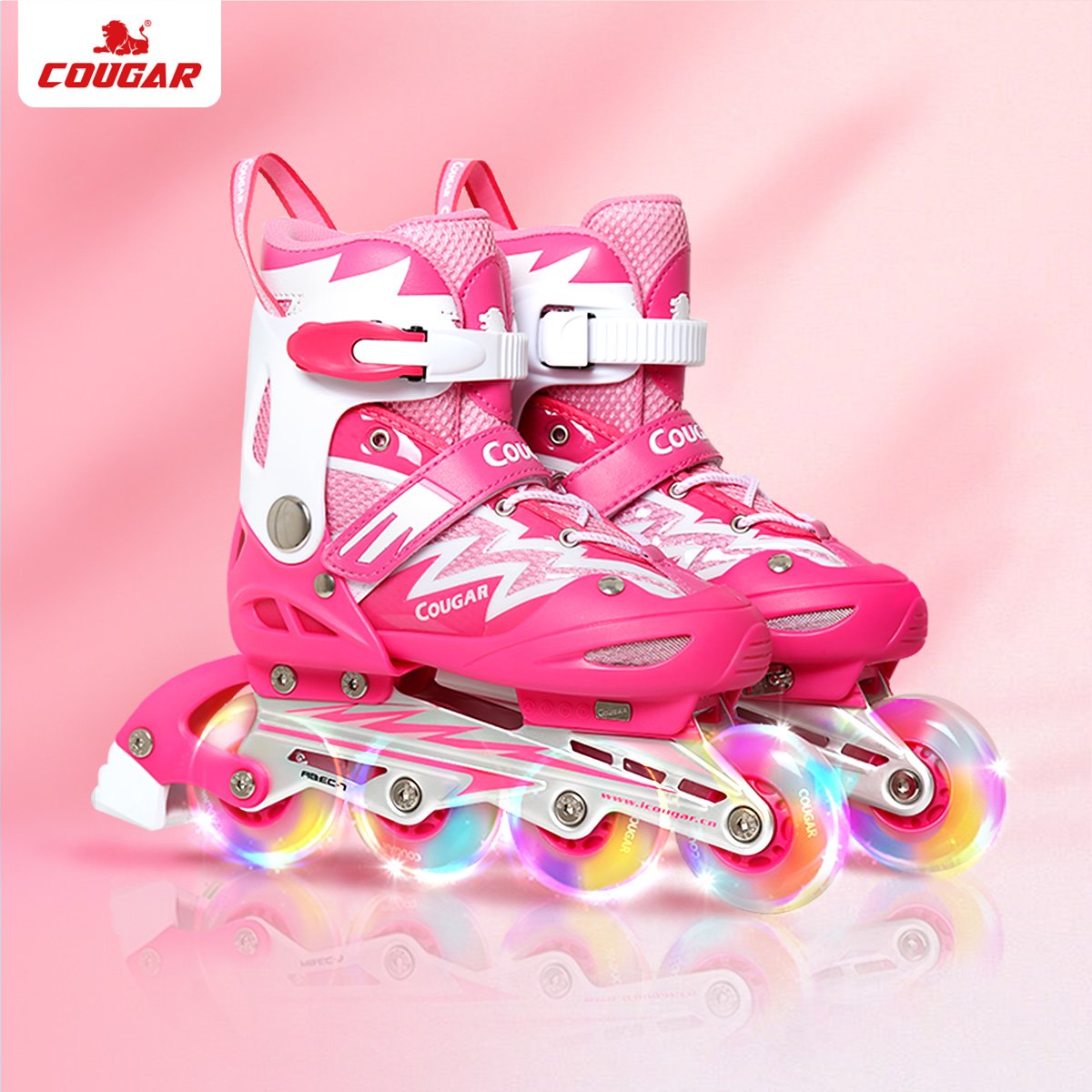 A professional girl with a Decannon roller skates and skates for a boy with a roller skates