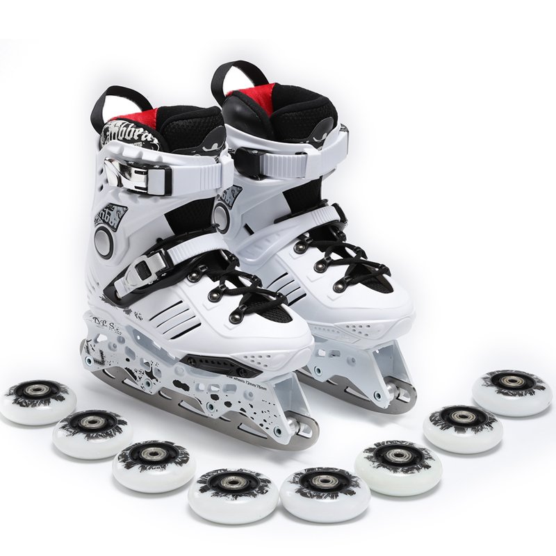 A man and a woman with two shoes, a man with two shoes, skates, skates and rollers, and a man with a pair of skates