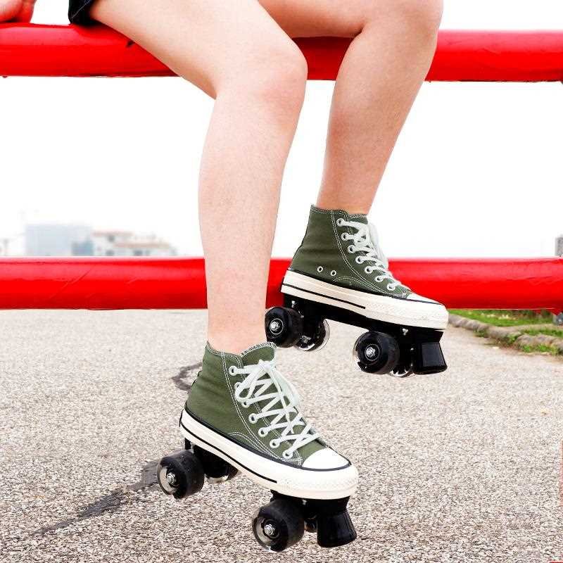 A man and a woman with four roller skates and two roller skates and two roller skates