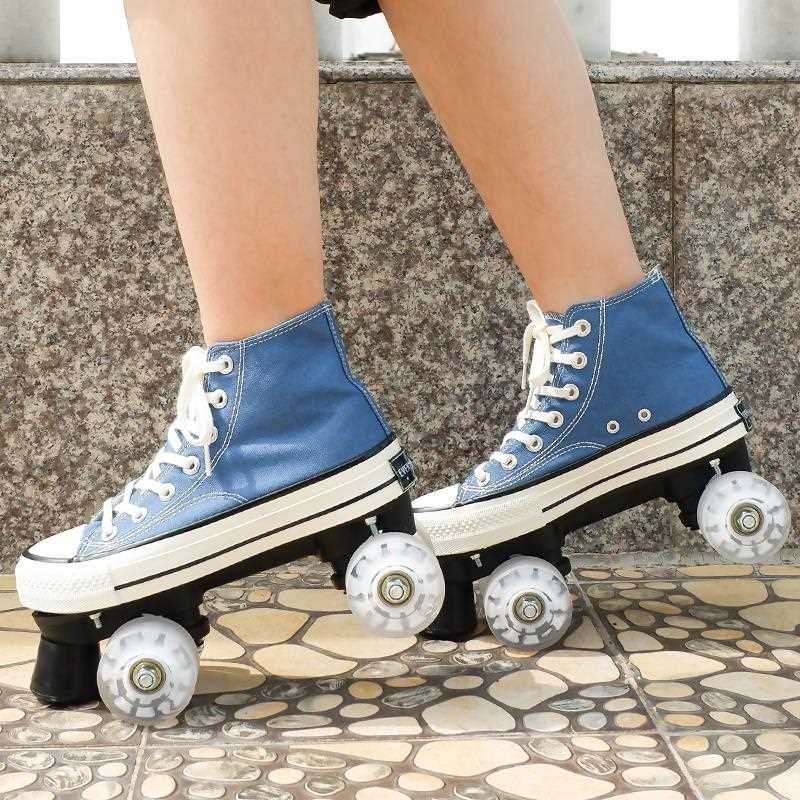 A man and a woman with four roller skates and two roller skates and two roller skates